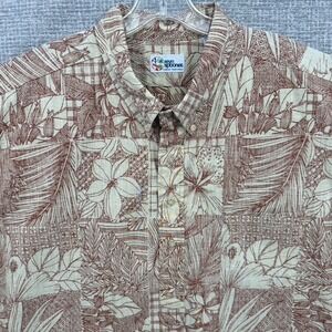 Reyn Spooner Sz 3XL Y2K Red Tan Abstract Frond Floral Hawaiian Kloth Popover Art